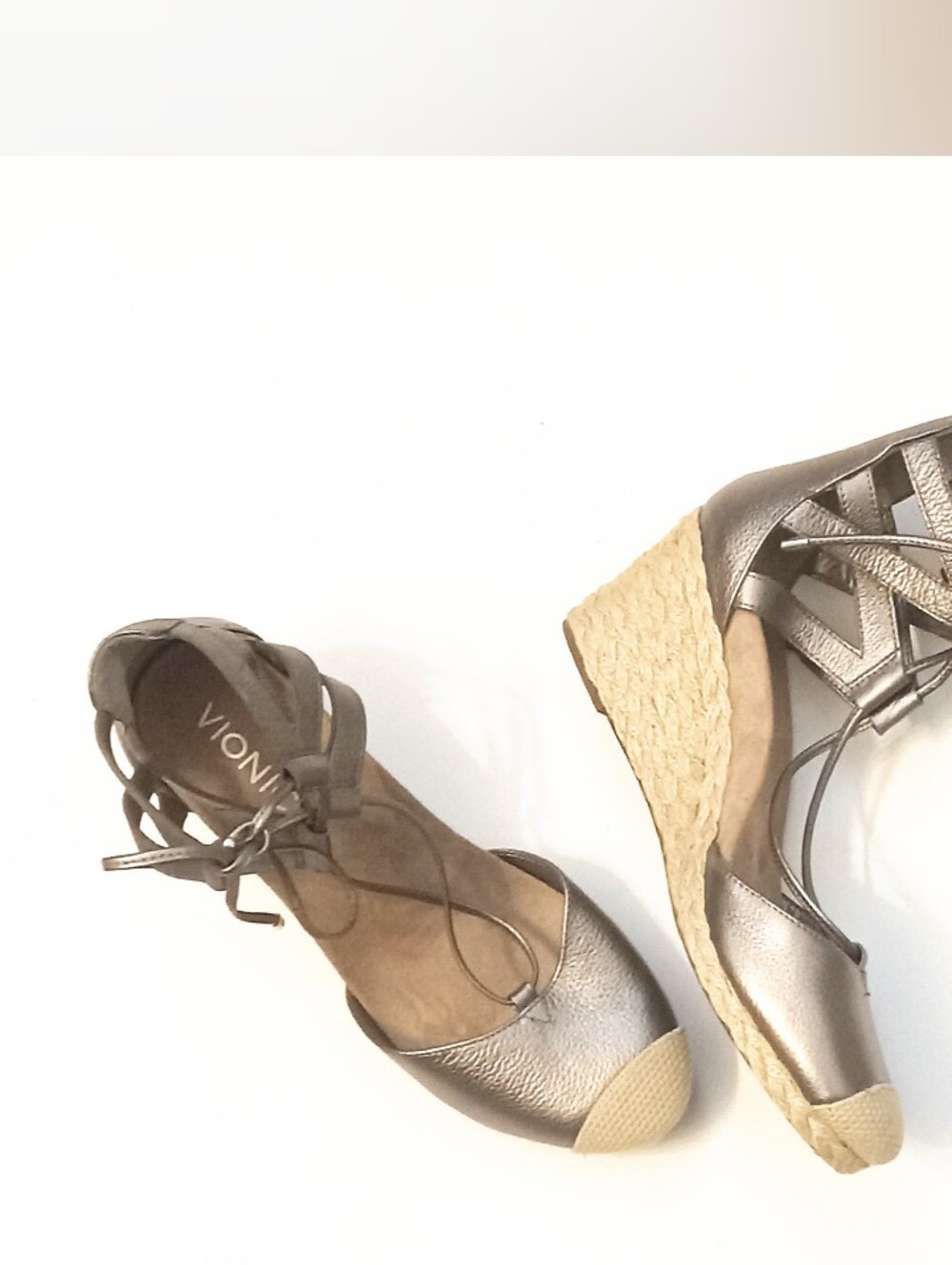 Vionic Wedge Sandals Espadrilles~Calypso~Lace Up Platinum Metallic Silver 8 NEW
